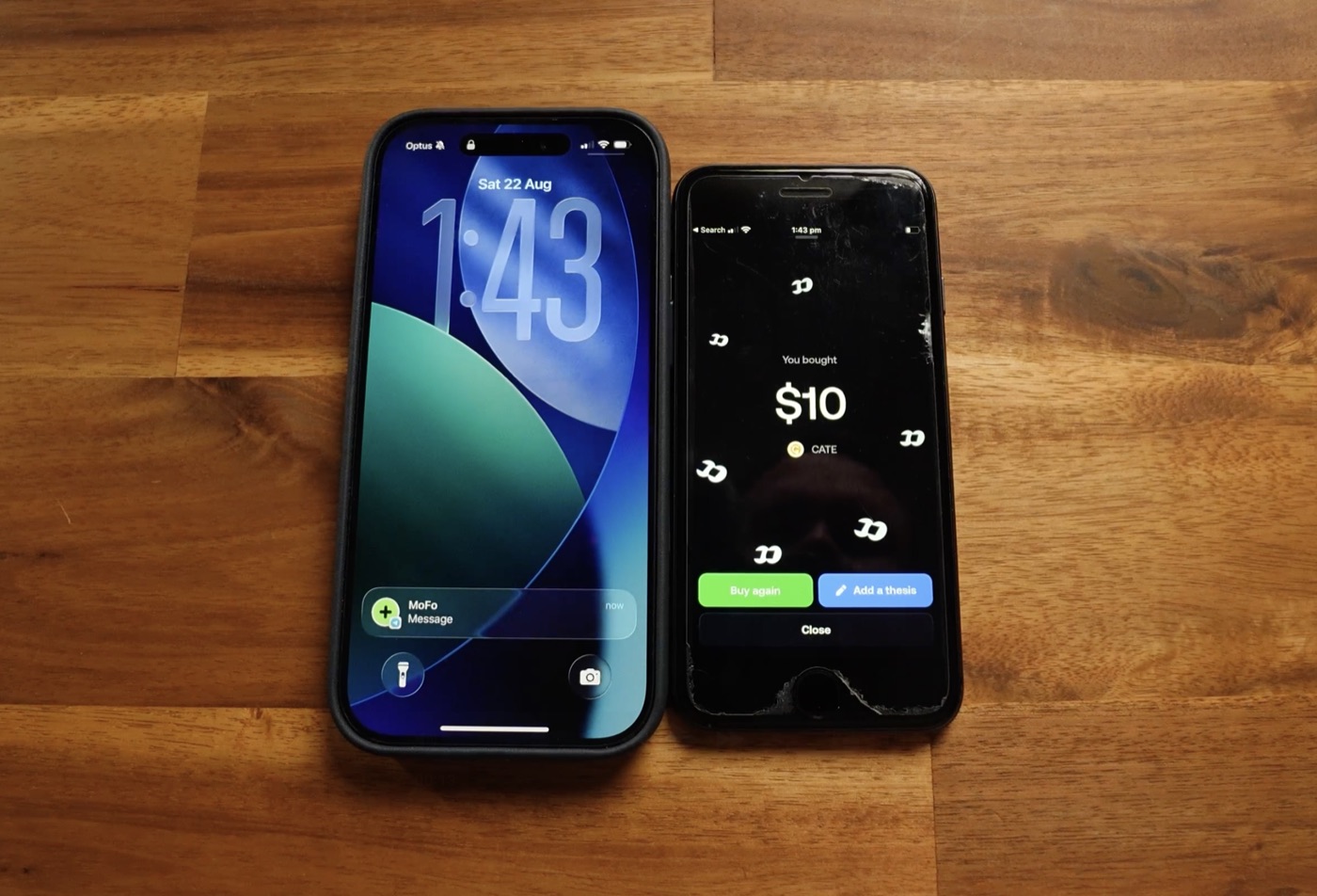 Two phones side by side: the left shows a Mofo bot 'Message · now' notification on the lock screen, the right shows a FOMO app 'You bought $10 CATE' confirmation — the copy trade firing automatically
