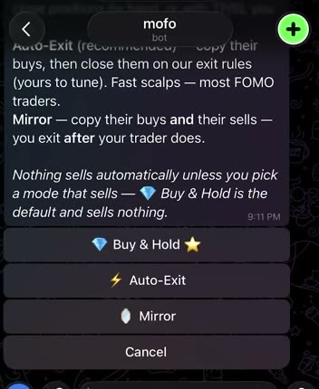 Mofo copy-trading bot mode selection screen: Buy & Hold, Auto-Exit, and Mirror options with explanations